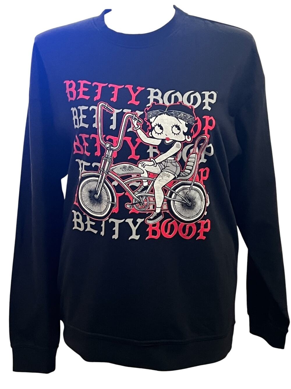 Biker Betty Boop Graphic Black Fleece Cotton Crewneck Pullover vintage 90s